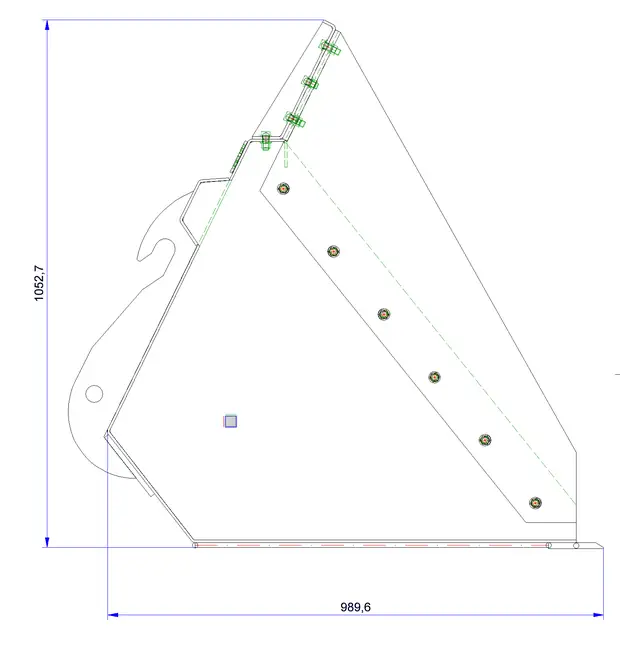 Konstruktionszeichnung der Schaufel mit Aufbaurahmen, Gesamthöhe 1052,7 mm